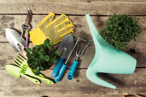 A collection of gardening tools and supplies arranged on a weathered wooden surface, including a pair of yellow rubber gloves, a small trowel and a hand rake, a green garden fork, and a plant mister. There is a potted evergreen shrub, and a small succulent plant in a gray pot. The tools and plants are organized with no particular pattern, and the scene suggests preparation for outdoor gardening or maintenance in a garden space typical of Bethnal Green, with natural lighting indicating a clear day. The wooden surface adds rustic character, and the arrangement reflects practical outdoor garden care activities, relevant to landscaping services offered by Landscapers Bethnal Green.