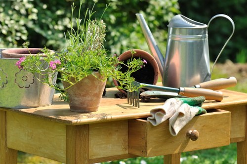 A wooden outdoor garden table in a well-maintained backyard displays various gardening tools and supplies, including several potted plants with green foliage and pink flowers, a metallic watering can, a pair of gloves, a small hand rake, and a trowel. The background features lush green hedges and trees, suggesting a healthy and vibrant garden environment. The scene is illuminated by natural daylight, with the weather appearing clear and mild, ideal for gardening activities. The arrangement reflects typical gardening preparations and maintenance, consistent with professional outdoor landscaping and garden care services provided by Landscapers Bethnal Green in the E2 postcode area, enhancing the visual and functional appeal of a residential garden space.