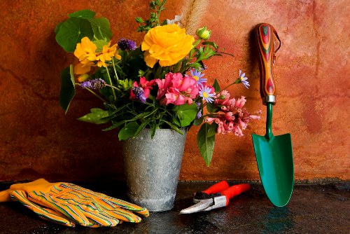 A concrete or stone surface in an outdoor garden space with a textured, earthy-colored wall in the background. In the foreground, there is a large metal or stone planter filled with a vibrant arrangement of flowers including yellow, pink, and purple blooms, accompanied by green foliage. To the right of the planter, gardening tools are visible: a small green-handled trowel, a red-handled pruner, and a pair of garden gloves with orange and yellow stripes, all placed on the dark surface. This scene suggests preparations for garden planting or ongoing gardening tasks, and the setting indicates a well-maintained outdoor area suitable for gardening and landscaping services in the Bethnal Green area, known for its diverse garden styles and green spaces.